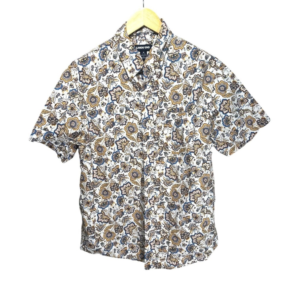 Lands End Mens Short Sleeve Button Down Shirt Floral Paisley Cotton White Blue M